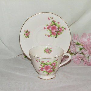 Pretty Pink Bone China Teacup & Saucer Tuscan Plant Vintage England Cottagecore